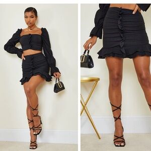 Black Woven Stretch Frill Ruched Front Mini Skirt & Top